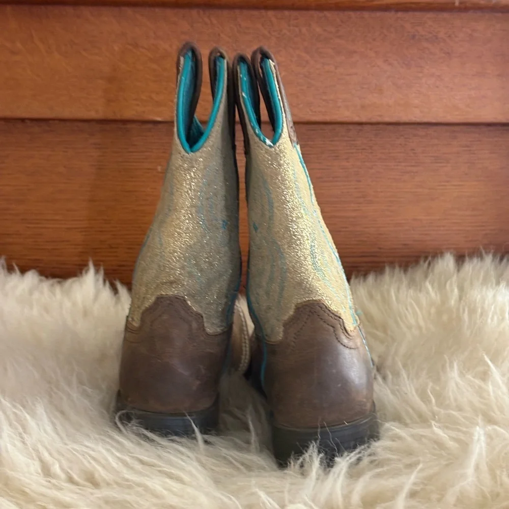 Ariat Kids QuickDraw Gold Sparkle with Teal Stitching Western Boots